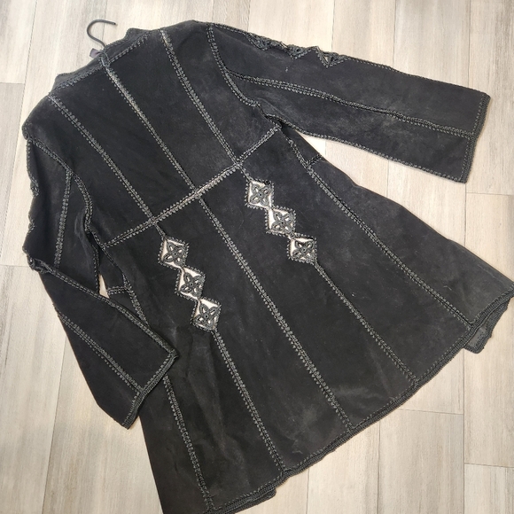 Adrienne Landau Coat M Black Suede Crochet Cardigan Boho Western Southwestern - Picture 10 of 13